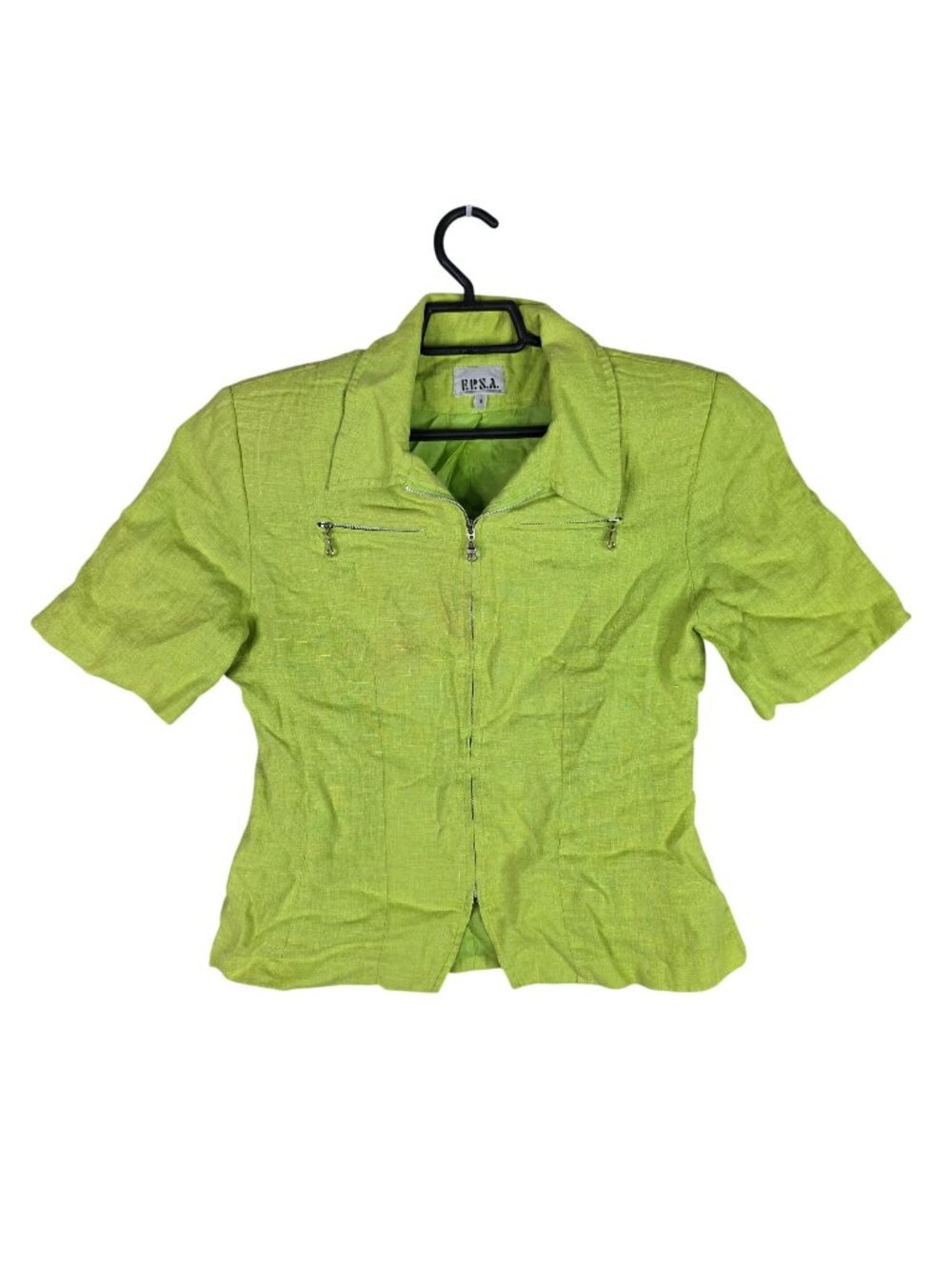 Womens E.P.S.A. Lime Green 100% Linen Short Sleeve Jacket Front Zipper Size 8